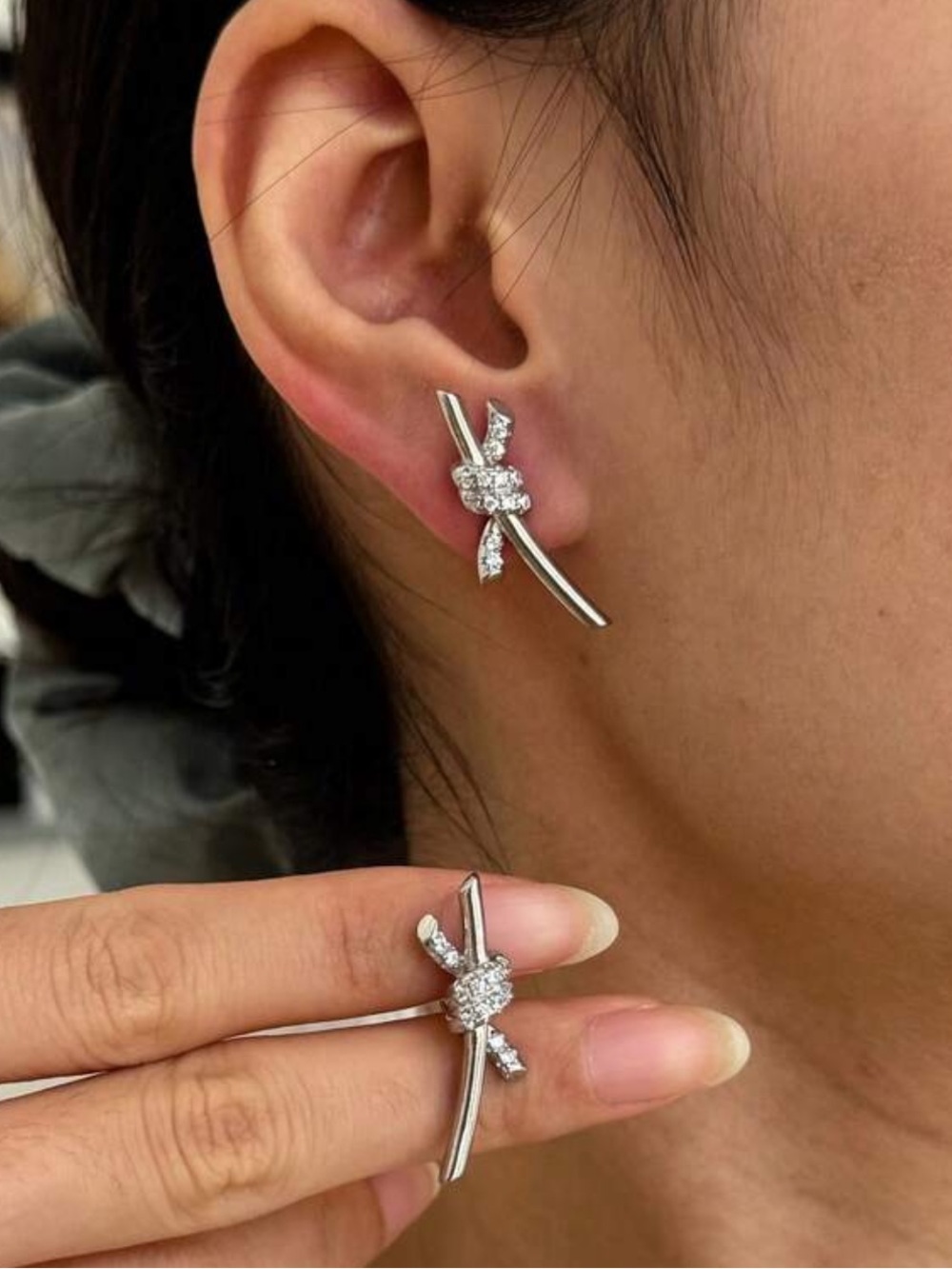 Silver Ribbon Knot Crystal Stud Earrings